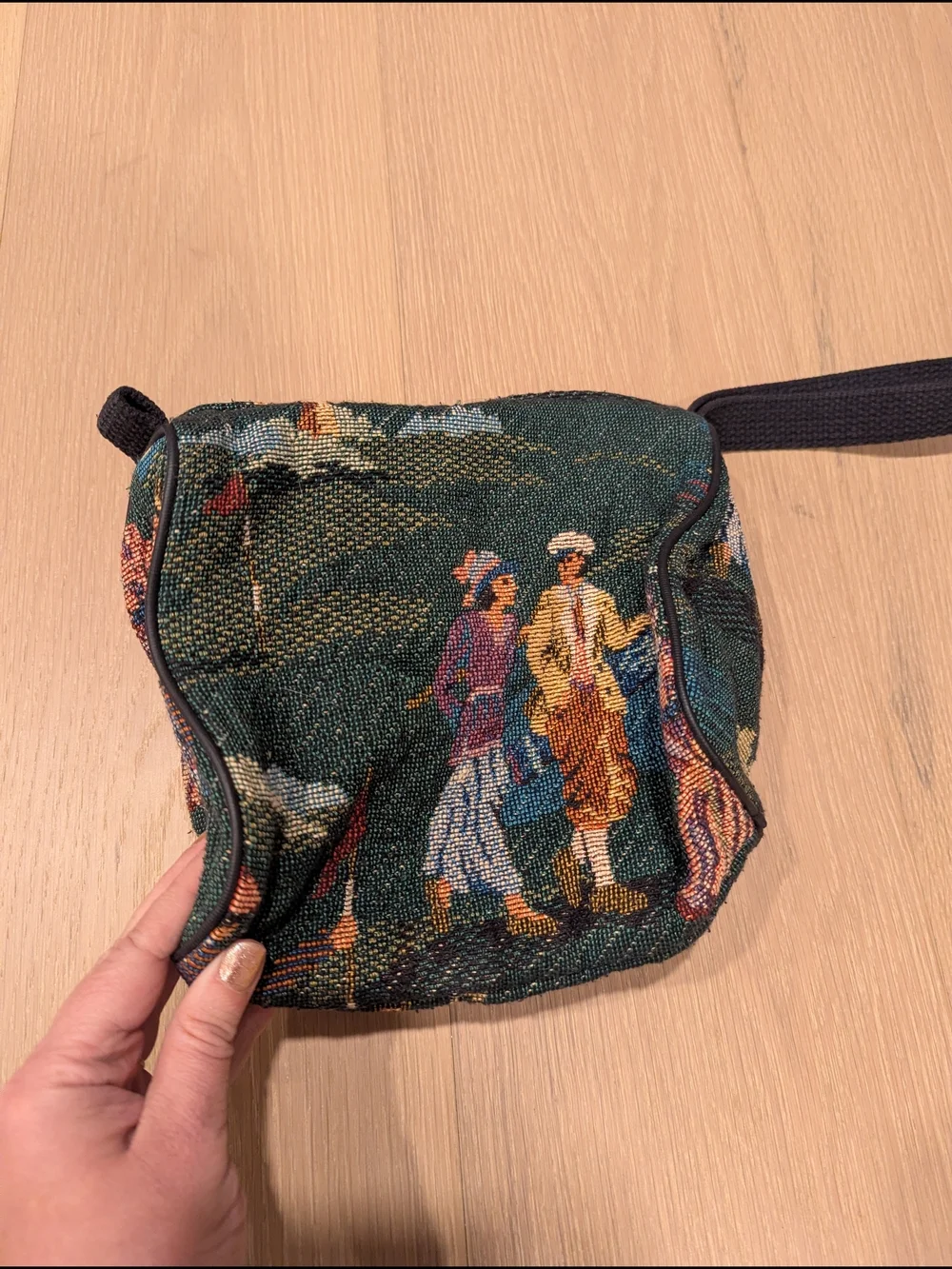 Tapestry Wristlet Pouch in Dark Green with Vintage Golf Scene